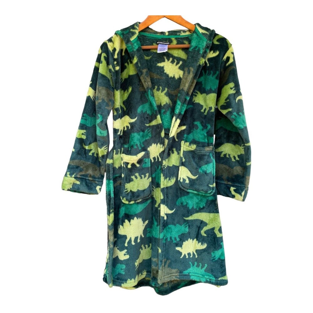 Climatesmart Hooded Plush Robe Boy's Size L 12/14 Green Dinosaur Print Sleepwear